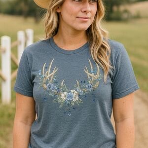 Rustic Antler Floral Tee | Blue Gray Nature Graphic Shirt | Boho Western Outdoor